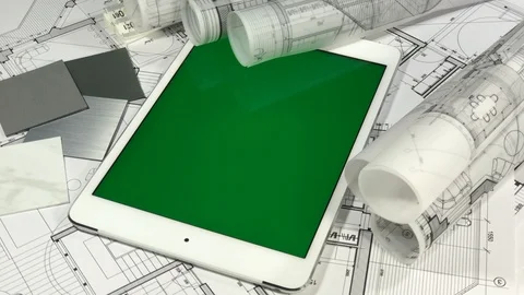 Workplace of the architect: architectural plans of the modern house - blueprints Stock Footage 96586376