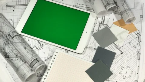 Workplace of the architect: architectural plans of the modern house - blueprints Stock Footage 96605734