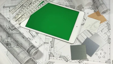 Workplace of the architect: architectural plans of the modern house - blueprints Stock Footage 96628541