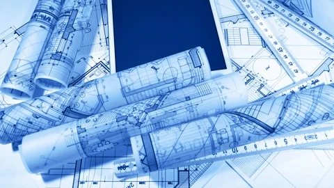 Workplace of the architect: architectural plans of the modern house - blueprints Stock Footage 97992446