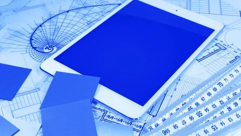 Workplace of the architect: architectural plans of the modern house - blueprints Stock Footage 97993025