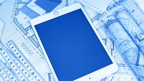 Workplace of the architect: architectural plans of the modern house - blueprints Stock Footage 99405038