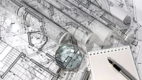 Workplace of the architect: blueprints - rolls of architectural drawings Stock Footage 94601614