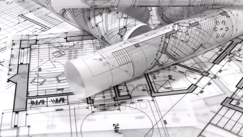 Workplace of the architect: rolls of architectural drawings - blueprints Stock Footage 94535785