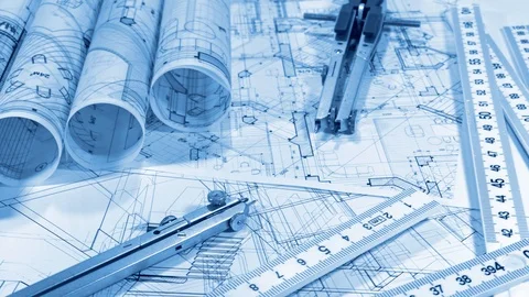 Workplace of the architect: rolls of architectural drawings - blueprints Stock Footage 94563752