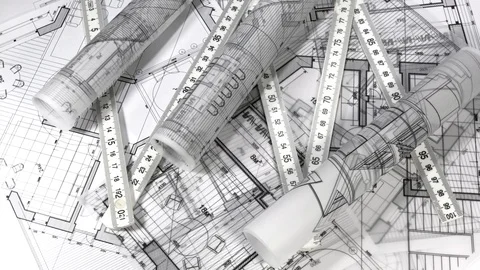 Workplace of the architect: rolls of architectural drawings - blueprints Stock Footage 94652253