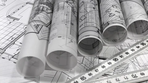 Workplace of the architect: rolls of architectural drawings - blueprints Stock Footage 94653541