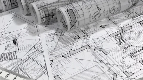 Workplace of the architect: rolls of architectural drawings - blueprints Stock Footage 94823637