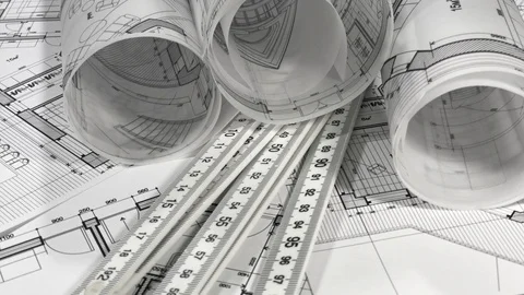 Workplace of the architect: rolls of architectural drawings - blueprints Stock Footage 94824063