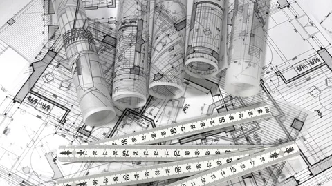 Workplace of the architect: rolls of architectural drawings - blueprints Stock Footage 94961819