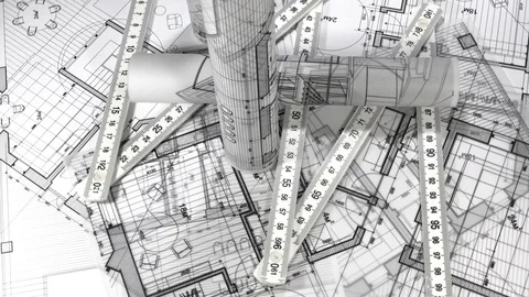 Workplace of the architect: rolls of architectural drawings - blueprints Stock Footage 95004046