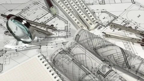 Workplace of the architect: rolls of architectural drawings - blueprints Video stock 95676498