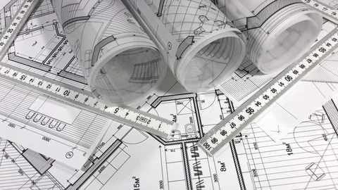 Workplace of the architect: rolls of architectural drawings - blueprints Stock Footage 96341584