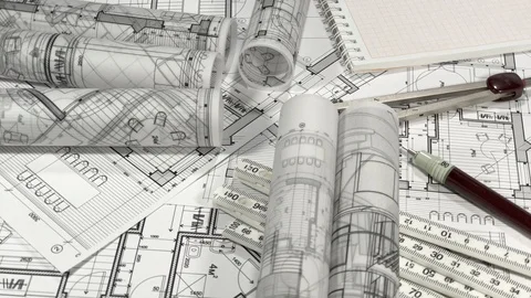 Workplace of the architect: rolls of architectural drawings - blueprints Stock Footage 96605326
