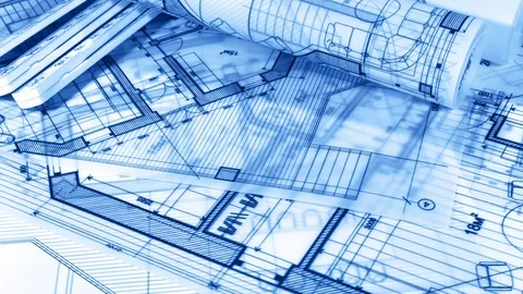 Workplace of the architect: rolls of architectural drawings - blueprints Stock Footage 97992048