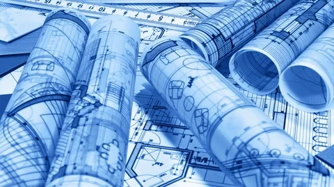 Workplace of the architect: rolls of architectural drawings - blueprints Stock Footage 98034462