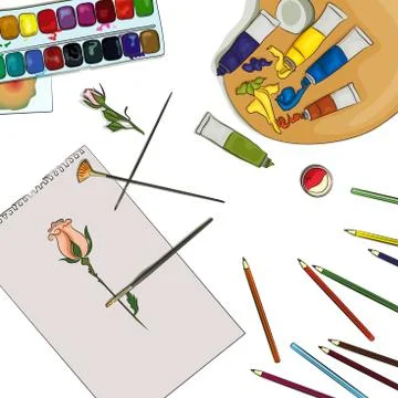 Workplace of artist with paints, vector Stock Illustration