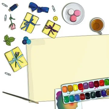 Workplace of artist with paints, vector Stock Illustration