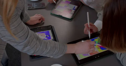 Workplace of artists, they use tablets in drawing and creating a visual image. Stock Footage 196937765