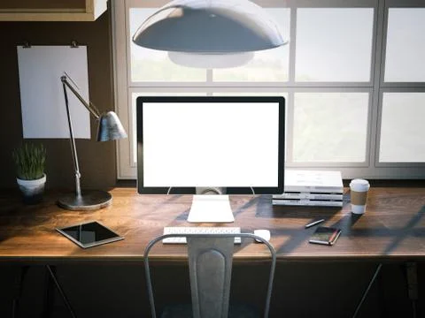 Workplace with blank screen. 3d rendering Stock Illustration