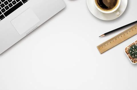 Workplace with blank screen smartphone, tablet, coffee cup, paper and noteb.. Stock Photos