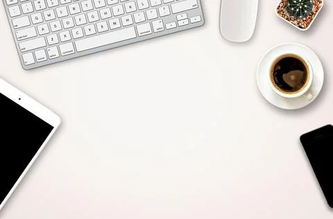 Workplace with blank screen smartphone, tablet, coffee cup, paper and noteb.. Stock Photos
