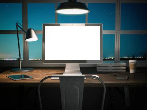 Workplace with blank screen on a wooden table. 3d rendering 库存插图