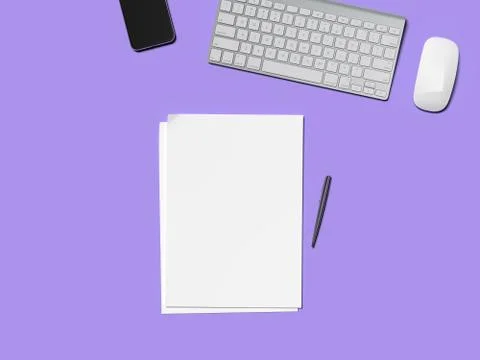 Workplace with blank sheets, keybaord and mouse. 3d rendering Illustrazione stock