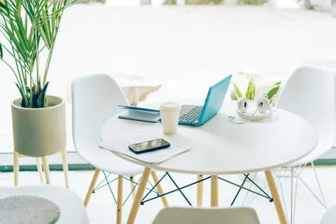 Workplace in a bright cafe Foto stock