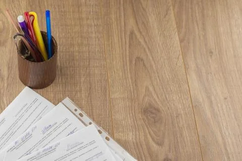 Workplace of the businessman: some forms of contracts, filled and empty, and Stock Photos