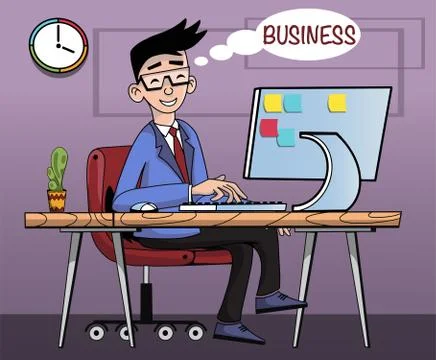 Workplace. Businessman working at the computer looking happy and inspired Stock Illustration