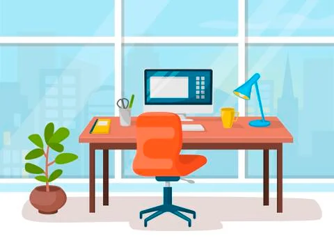 Workplace, cabinet, office. Workspace with table and computer 스톡 일러스트