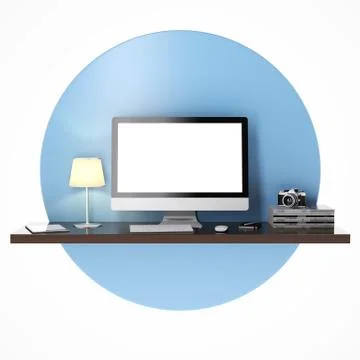 Workplace with camputer on shelf in red circle 库存插图
