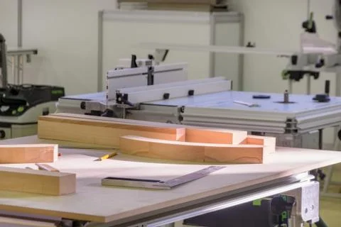 Workplace carpenter, workbench with a variety of carpentry tools. Stock Photos