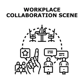 Workplace collaboration scene depicting diverse team cooperation Stock Illustration