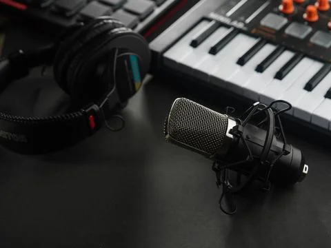Workplace of a composer, singer, sound engineer. On a gray background, a stud Stock-Fotos