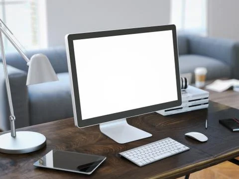 Workplace with computer and blank screen. 3d rendering Stockillustratie