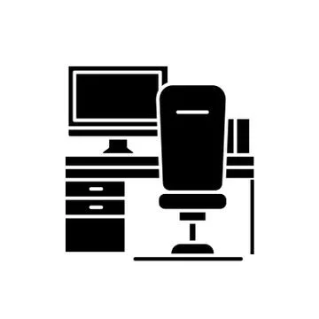Workplace with computer and chair black icon, vector sign on isolated background Stock Illustration