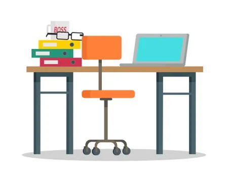 Workplace with Computer and Docs Flat Style Vector Stock Illustration