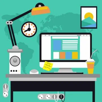 Workplace with computer and map on background 스톡 일러스트