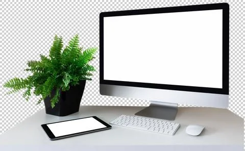 Workplace with computer and tablet Stock Photos