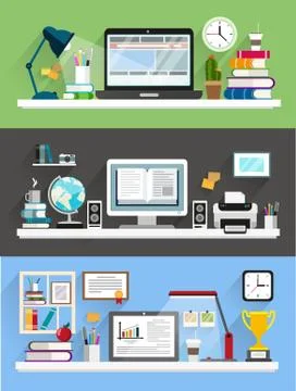 Workplace with computer backgrounds set Stock Illustration