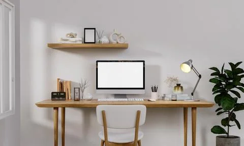 Workplace, computer with blank empty white screen display monitor on desk. Mock Stock Illustration
