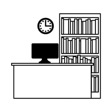 Workplace computer clock bookshelf Stock Illustration