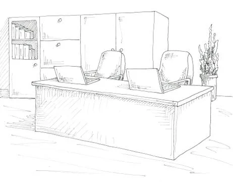 Workplace at the computer. Desk, office chair, two laptops. Illustrazione stock