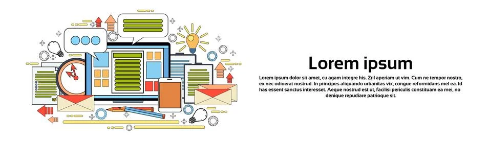 Workplace Computer Desktop Office Worker Desk Elements Horizontal Banner With Illustrazione stock