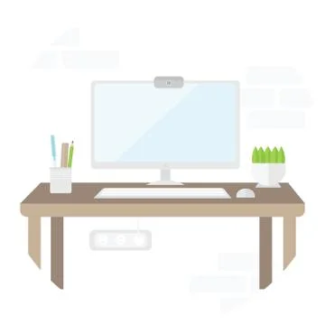 Workplace with computer in flat design. Place for homework and office work. Stock Illustration