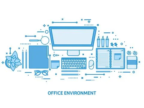 Workplace with computer, laptop, documents, papers, notepad and pencil. Office Stock Illustration