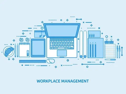 Workplace with computer, laptop, documents, papers, notepad and pencil. Office 스톡 일러스트