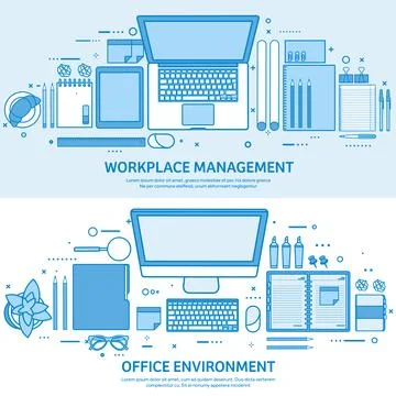 Workplace with computer, laptop, documents, papers, notepad and pencil. Office Illustrazione stock